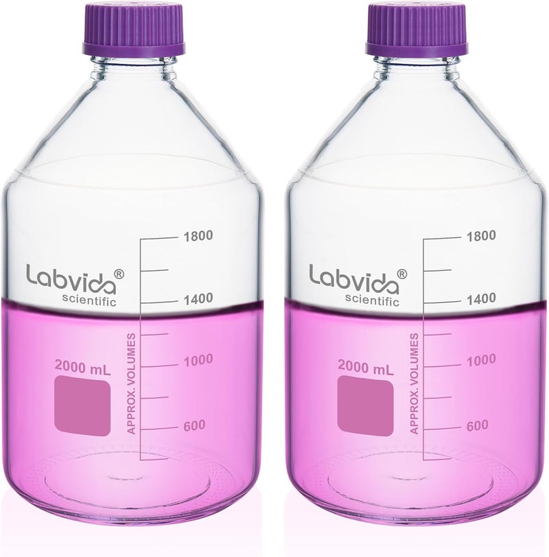 Labvida Glass Round Media Storage Bottles, 2pcs of Vol.2000ml, 3.3 Borosilicate Glass Material, With GL45 Polypropylene Screw Cap in Purple Color, LVAD010 - Image 1